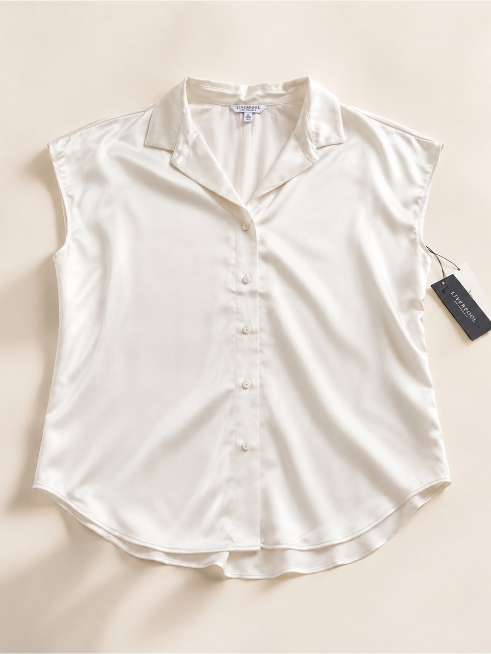 Liverpool Cream Satin Button-Front Cap-Sleeve Blouse